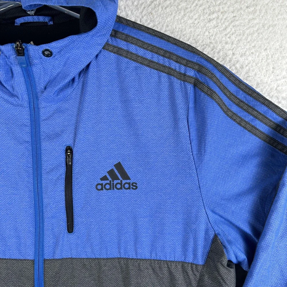 Adidas Jacket Mens Medium Blue Gray Hooded 3 Stripes Windbreaker Zip Up Athletic